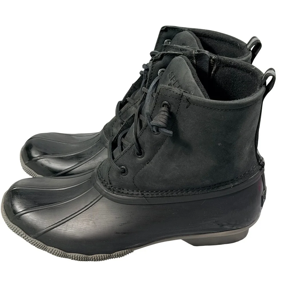 Sperry Saltwater Duck Boots Womens 9 Black Leather Rubber Waterproof Rain Boot